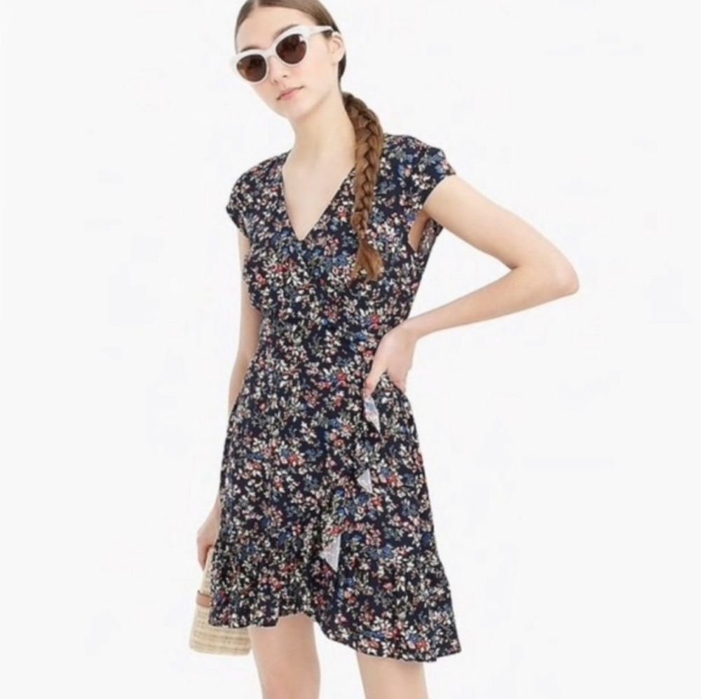 J.Crew Ruffle-front Mini Faux Wrap Dress in Tapestry Blue Floral Size 10 Medium - Picture 6 of 15